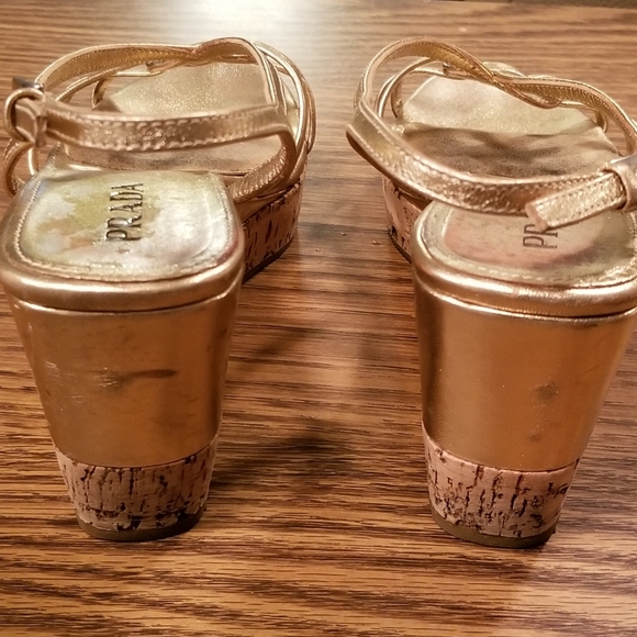 Prada Gold Leather Slingback Platform Wedge - Picture 3 of 4